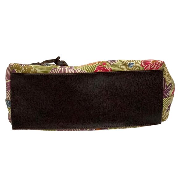 FOSSIL Floral Canvas Shoulder Bag w/ Leather Wood Trim Three Compartments - Picture 5 of 9